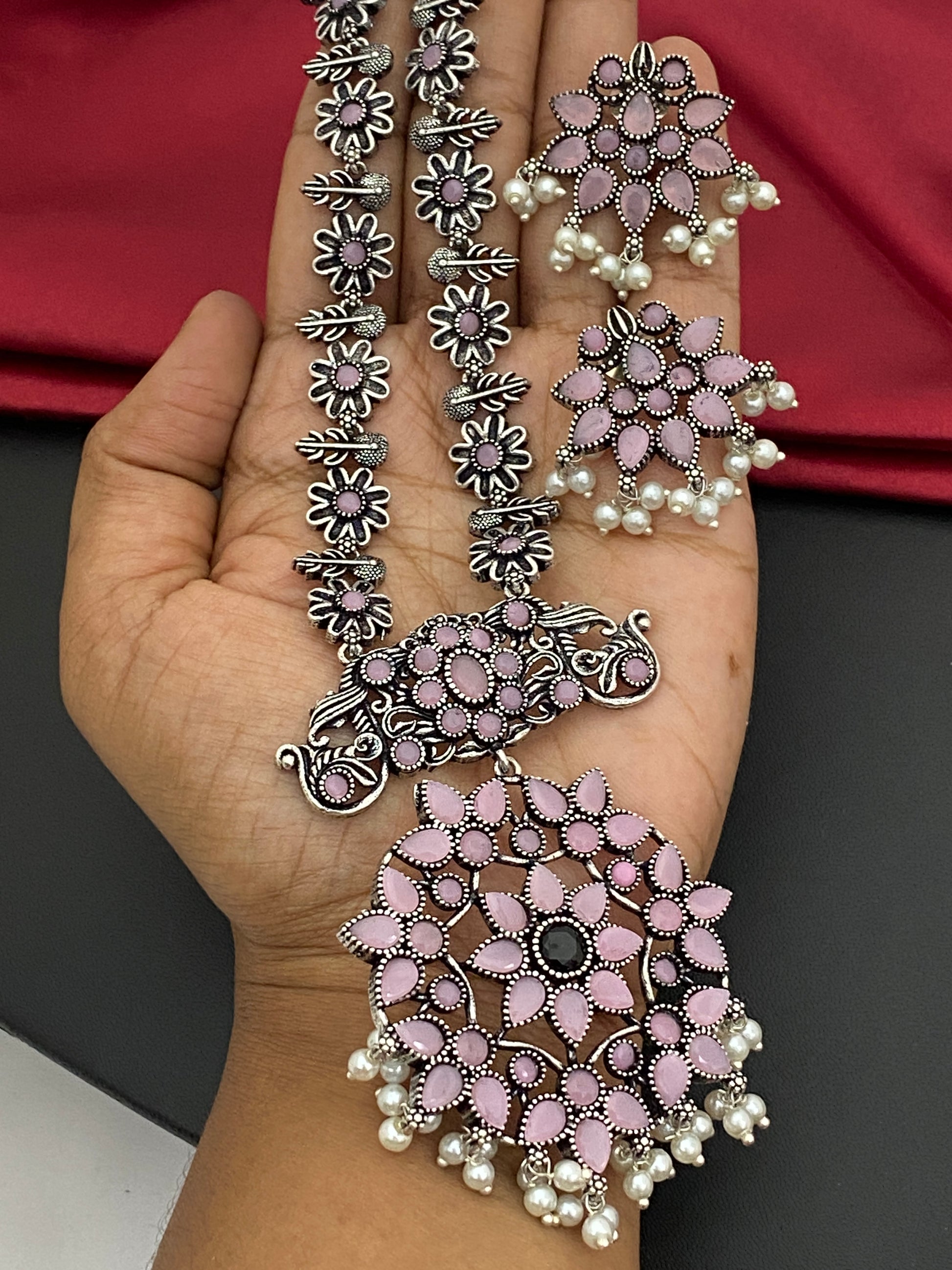 Pink Color Floral Design And Pearl Beaded German Silver Oxidized Necklace Set Near Me