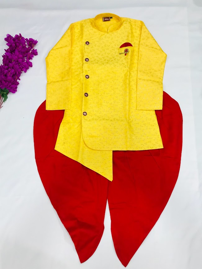 Spunky Lion King Embroidered Yellow & Red Kurta With Dhoti