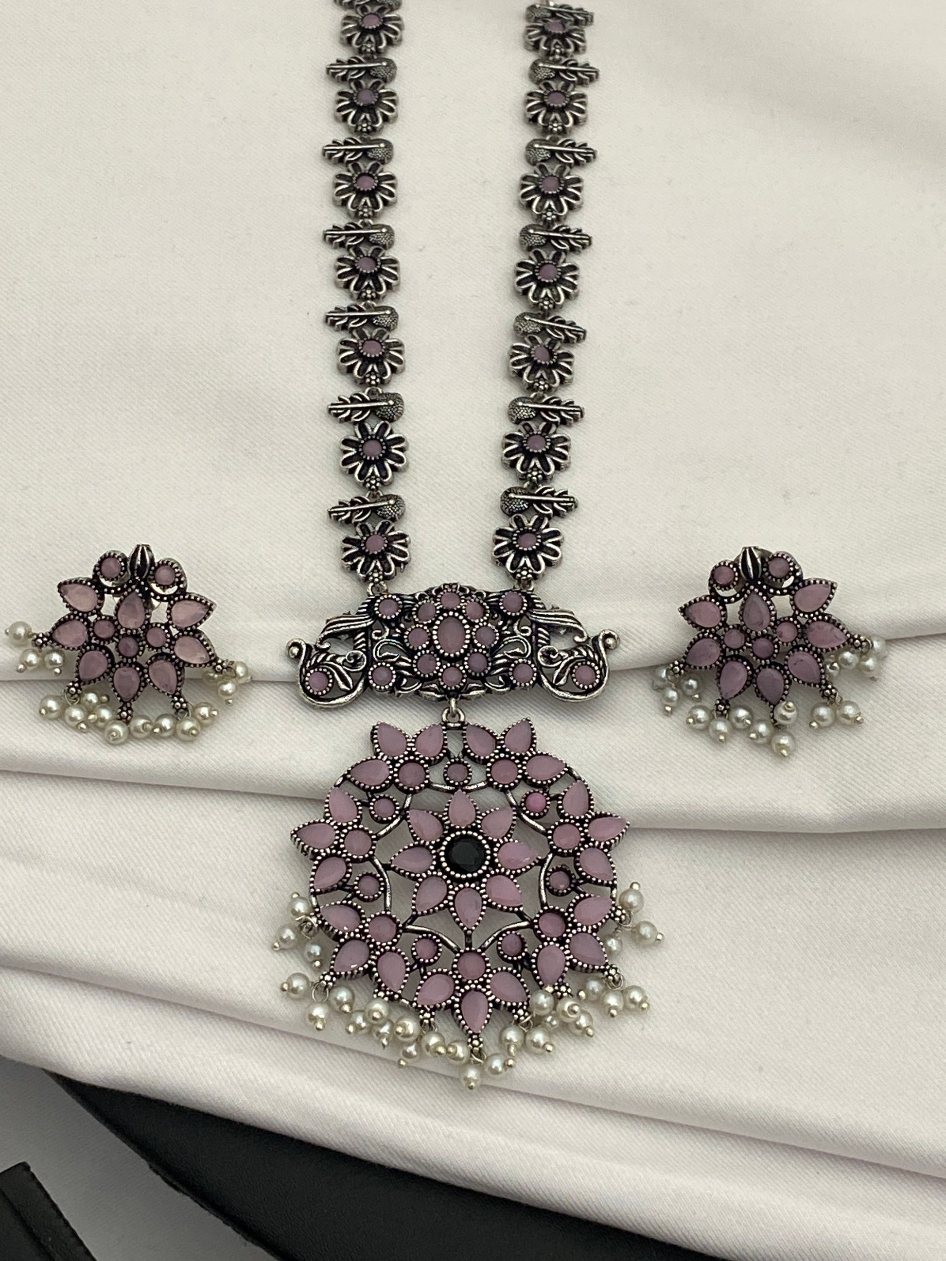 Pearl Beaded German Silver Oxidized Necklace Set With Earrings in Phoenix