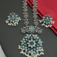Fascinating Sky Blue Color Floweret Style And Pearl German Silver Oxidized Necklace With Earrings
