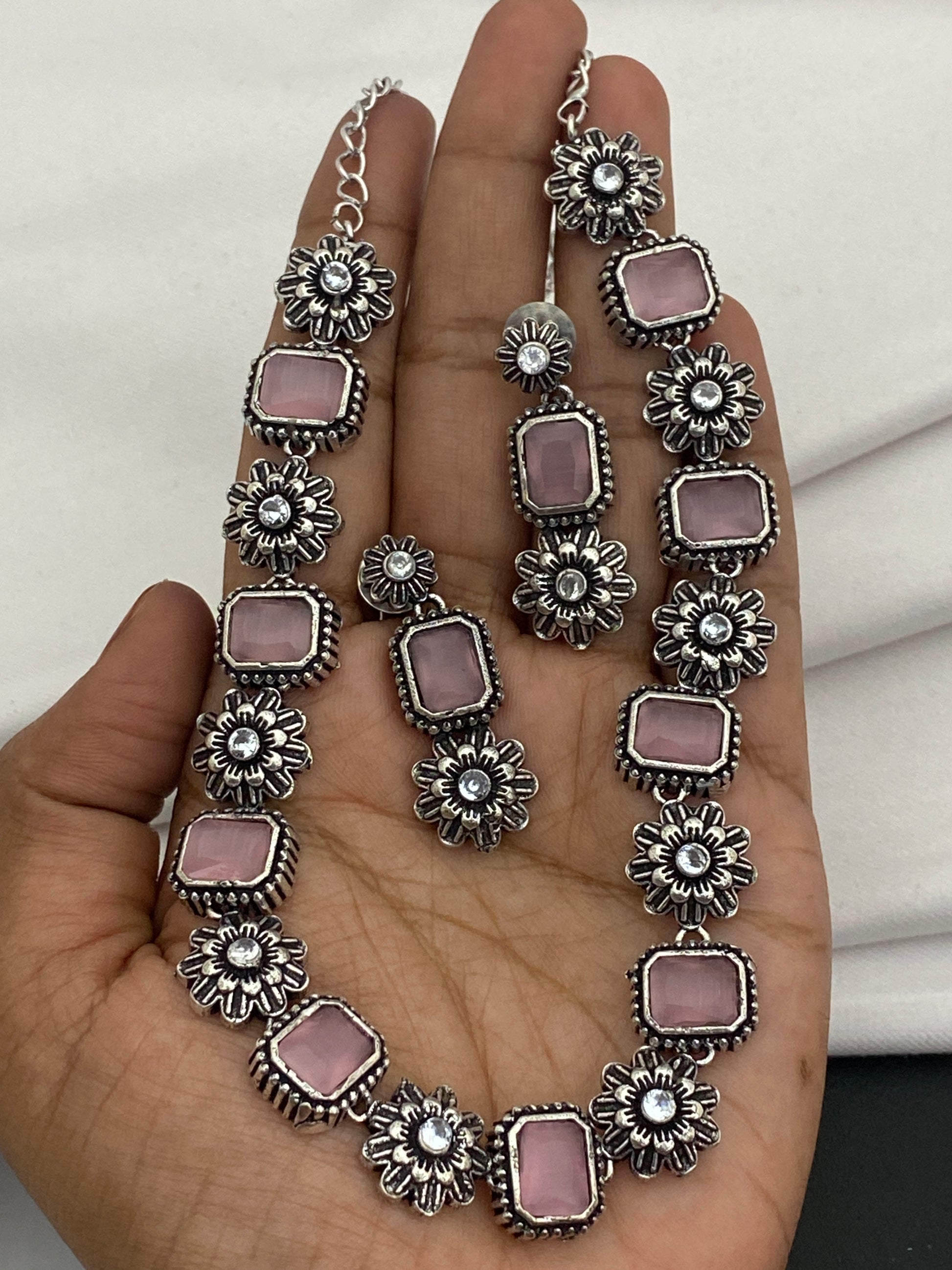 Stylish Pink Stones Beaded Oxidized Necklace Set Near Me