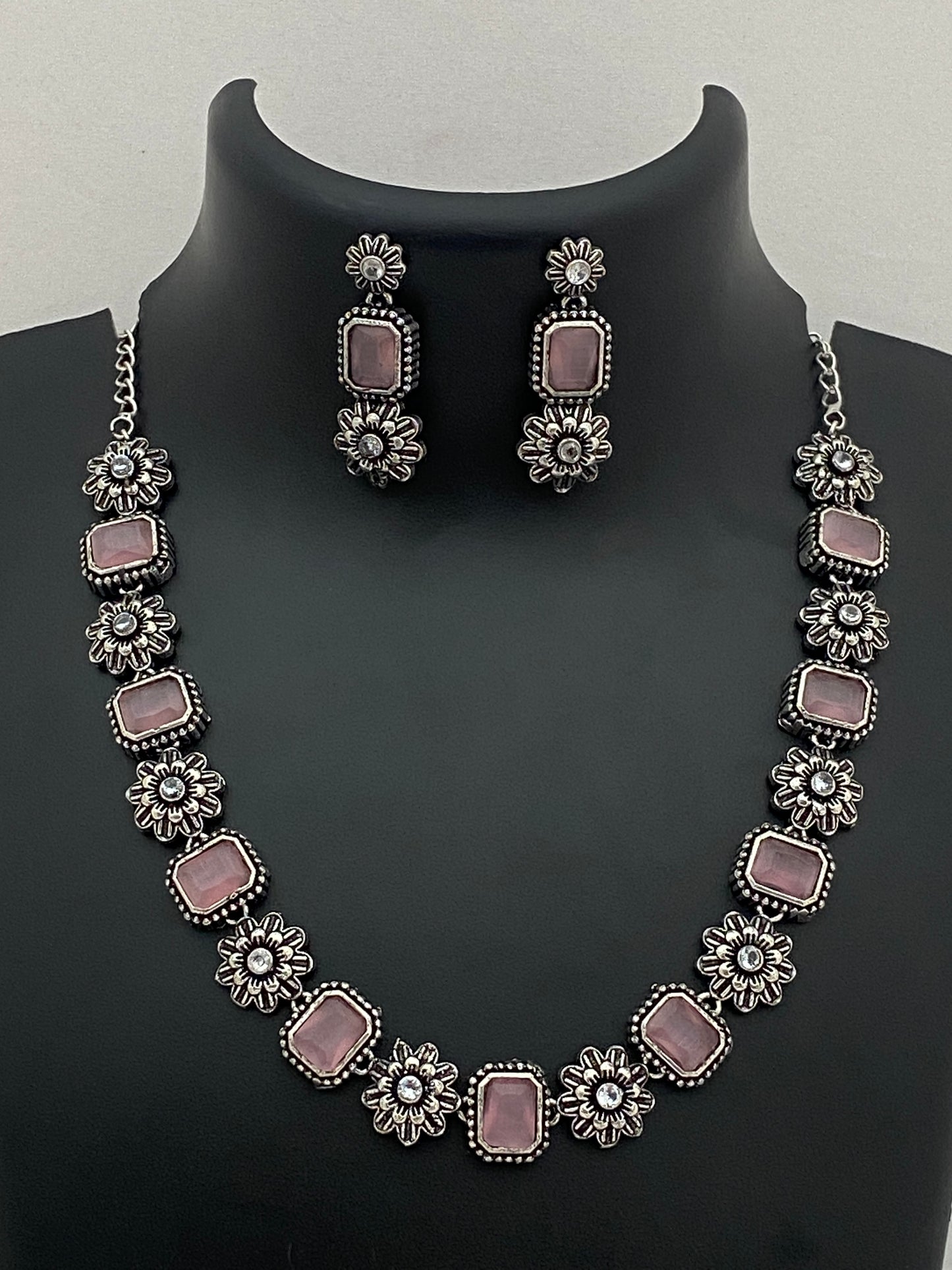 Pleasing Kundan Stylish Pink Stones Beaded Oxidized Necklace Set in USA