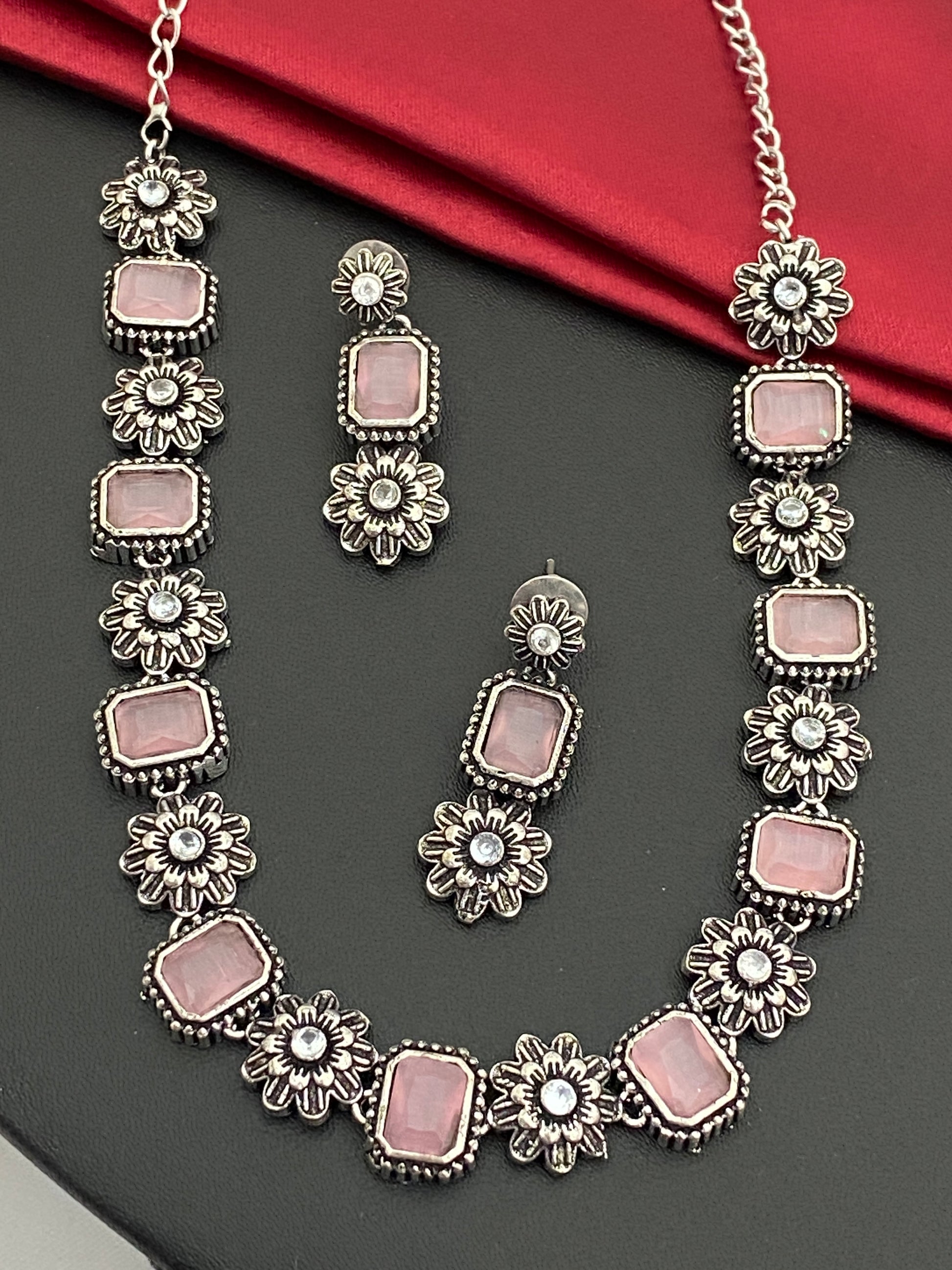 Pleasing Kundan Stylish Pink Stones Beaded Oxidized Necklace Set With Earrings