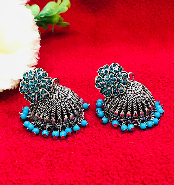 Oxidized Sky Blue Color Beads Worked Jhumka Earrings In USA