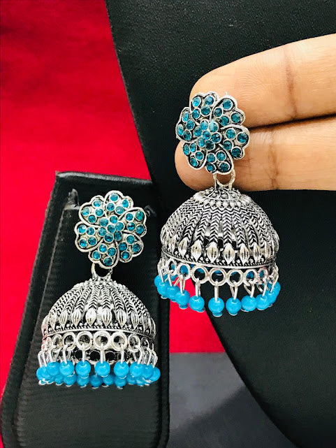 Sky Blue Color Beads Worked Jhumka Earrings In Kingman