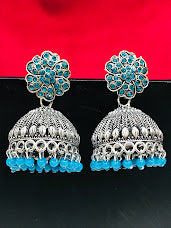 Stunning Oxidized Sky Blue Color Beads Worked Jhumka Earrings