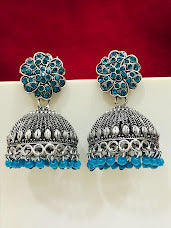 Oxidized Sky Blue Color Beads Worked Jhumka Earrings Near Me