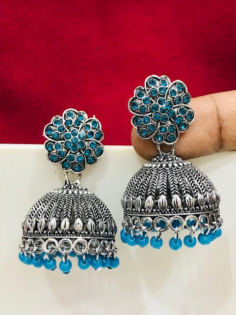 Oxidized Sky Blue Color Jhumka Earrings In Douglas