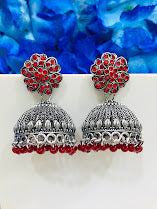 Alluring Oxidized Red Beautiful Flower Design Jhumka Earrings