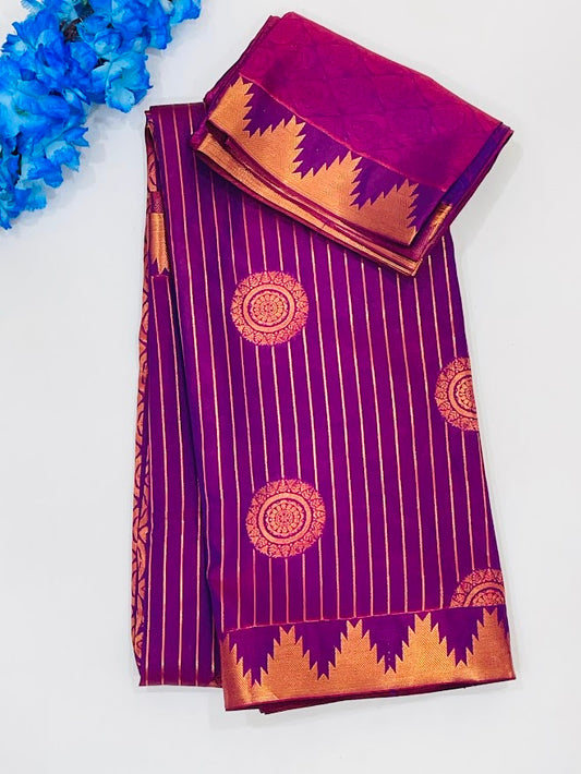 Attractive Purple Color Pure Kanchi Soft Silk Circle Design With Gold Zari Work Saree For Women