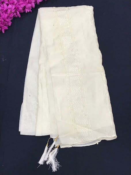 Delicate Half White Color Thread Work Dupatta For Women