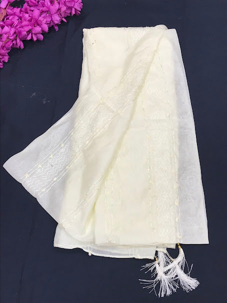 Delicate Half White Color Thread Work Dupatta Near Me