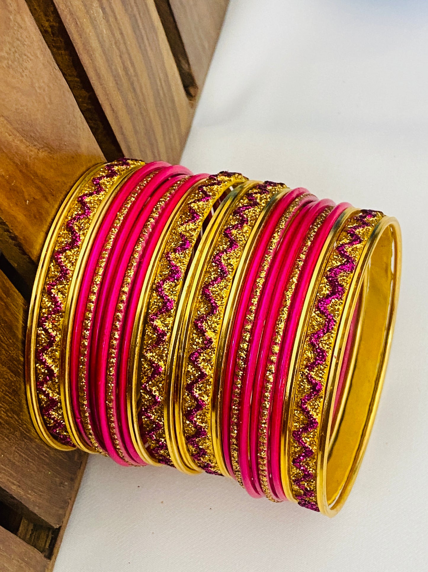 Pink Color Metal Bangles With Golden Glitters In USA