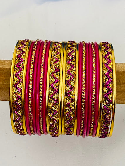 Gorgeous Traditional Pink Color Metal Bangles With Golden Glitters