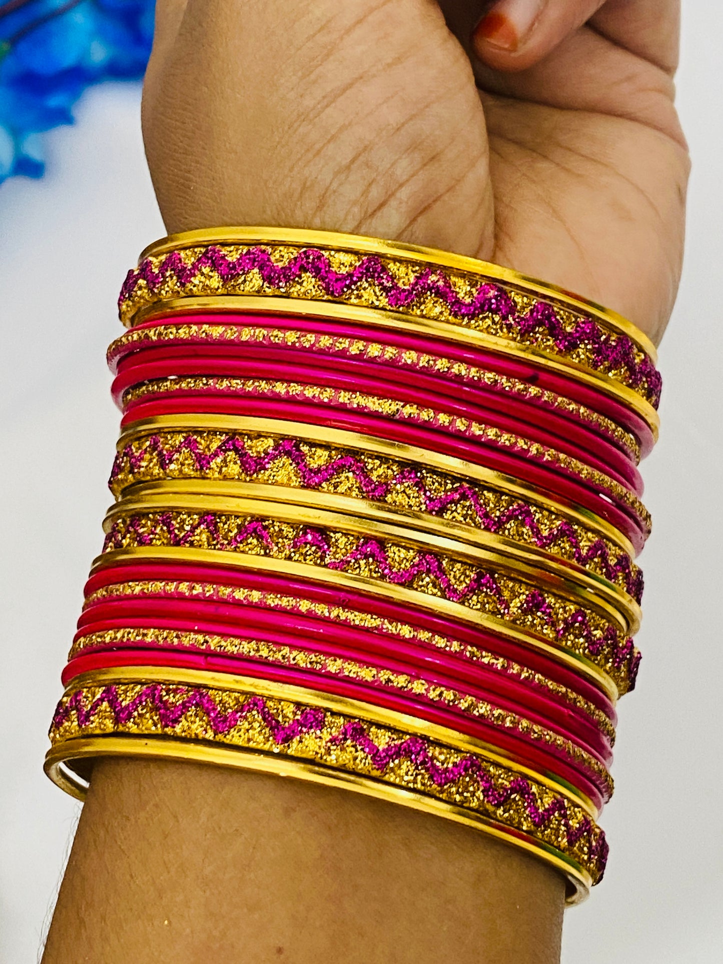 Traditional Pink Color Metal Bangles With Golden Glitters Near Me