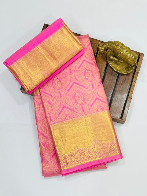 Elegant Light Pink Color Pure Kanchi Silk Gold Zari Work With Tassels Saree In Near Me