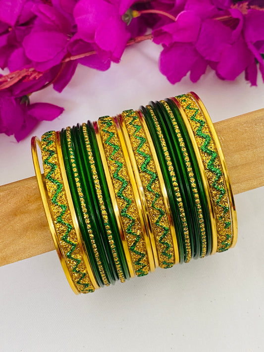 Elegant Green Color Ethnic Metal Bangles With Golden Glitters