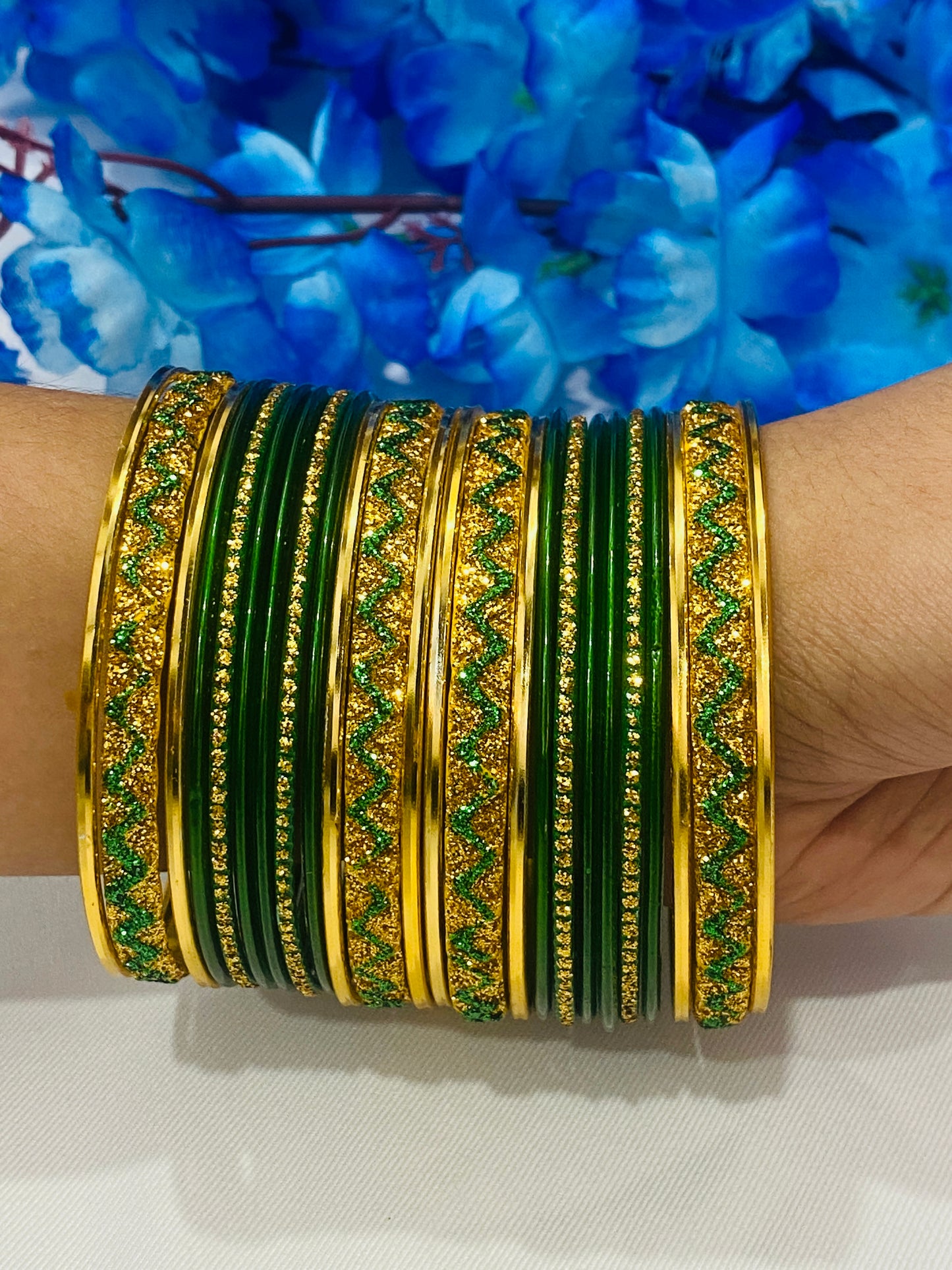 Green Color Ethnic Metal Bangles With Golden Glitters Near Me