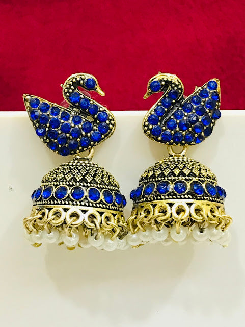 Alluring Blue Color Stone Anti Gold Earrings For Women