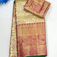 Elegant Gold With Pink Border Color Pure Kanchi Silk Gold Zari Work With Tassels Saree For Women - SILKMARK CERTIFIED