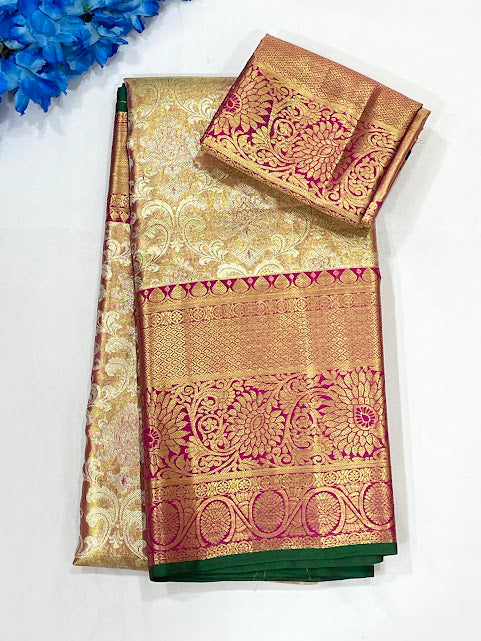 Elegant Gold With Pink Border Color Pure Kanchi Silk Gold Zari Work With Tassels Saree For Women - SILKMARK CERTIFIED