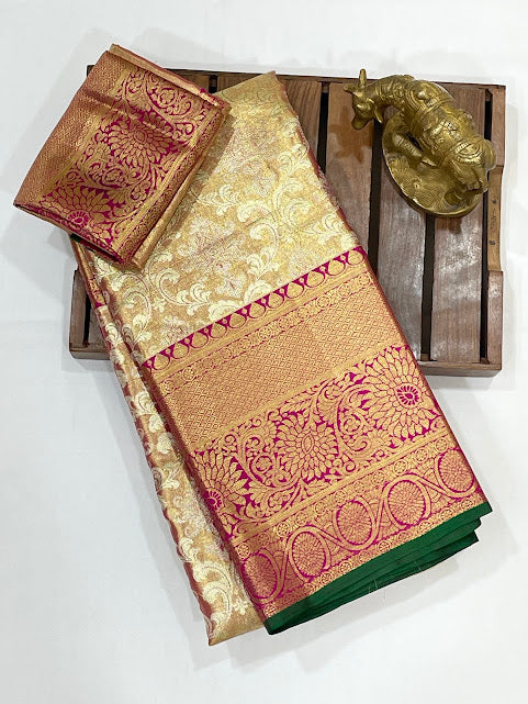 Elegant Gold With Pink Border Color Pure Kanchi Silk Gold Zari Work With Tassels Saree In Near Me