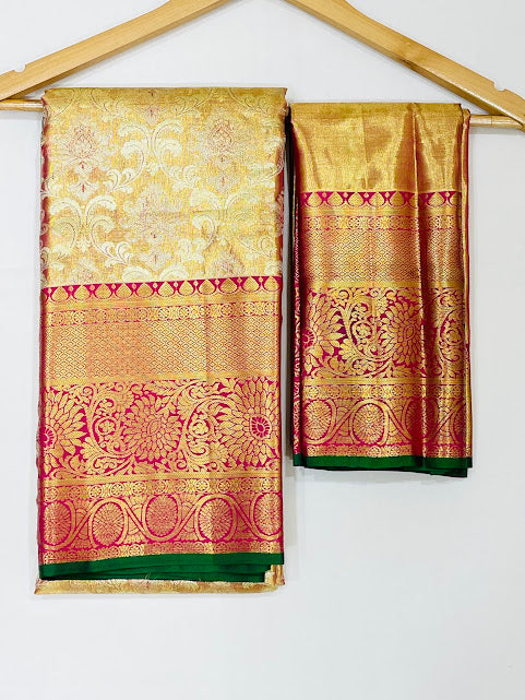 Gold With Pink Border Color Pure Kanchi Silk Gold Zari Work With Tassels Saree In USA