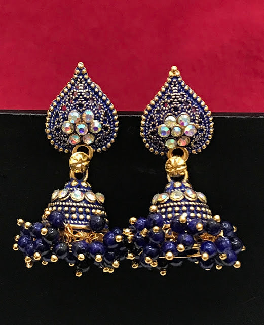 Stunning Antique Gold Blue Color Drop Design Earrings For Women