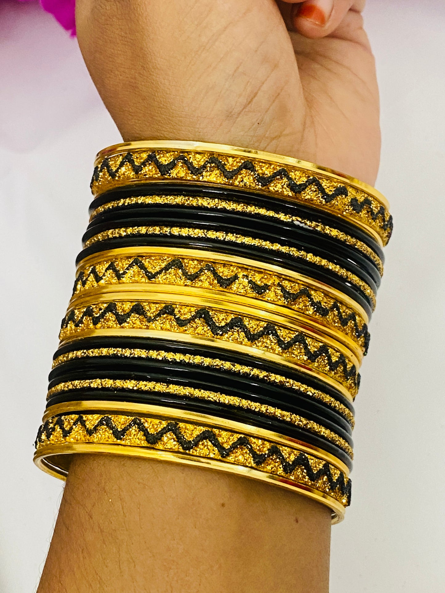 Ethnic Black Color Metal Bangles With Golden Work Near Me