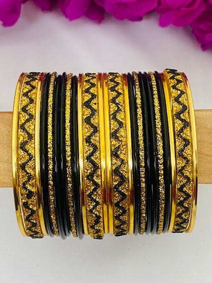 Indian Ethnic Black Color Metal Bangles With Golden Work
