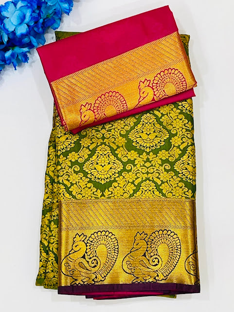 Charming Green Color Pure Kanchi Silk Gold Zari Work With Tassels Saree For Women