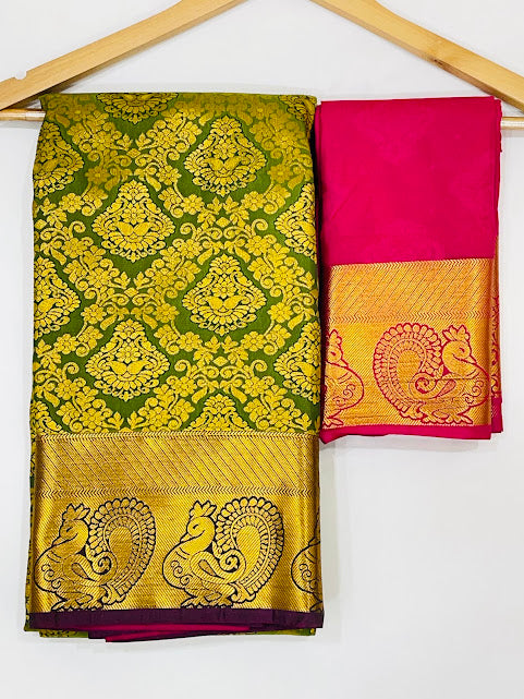 Green Color Pure Kanchi Silk Gold Zari Work With Tassels Saree In USA