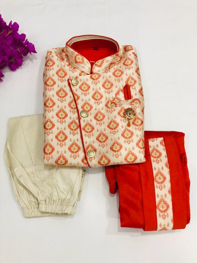 Charming Red Kids Embroidered Dhoti Kurta with booties and jacket In Happy Jack