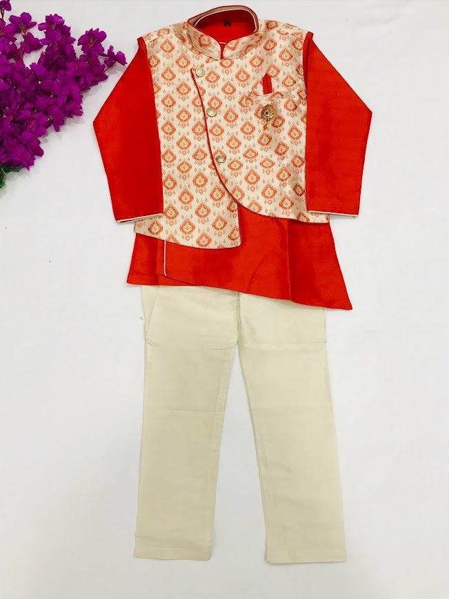 Charming Red Kids Embroidered Dhoti Kurta with booties and jacket Near Me