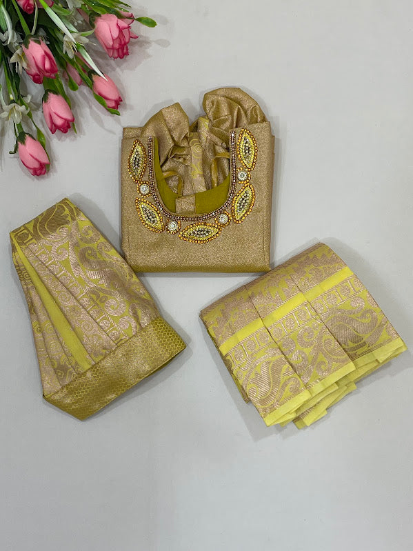 Gold Color Art Silk Langa Sets With Hip Belt Near Me