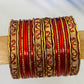 Red Color Exquisite Shining Metal Bangles With Golden Work