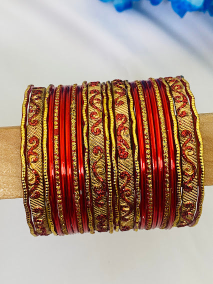 Red Color Exquisite Shining Metal Bangles With Golden Work