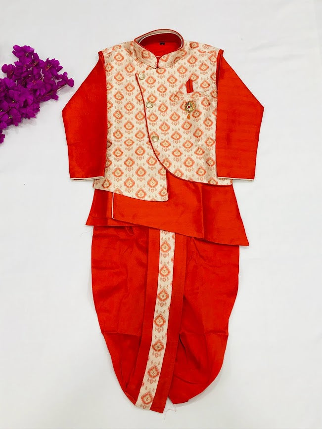 Charming Red Kids Embroidered Dhoti Kurta with booties and jacket