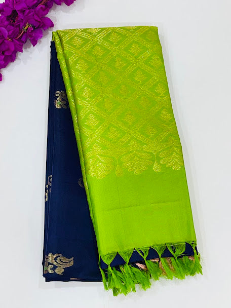 Royal Dark Blue Color Pure Kanchi Silk Gold Zari Work With Tassels Saree For Women - SILKMARK CERTIFIED