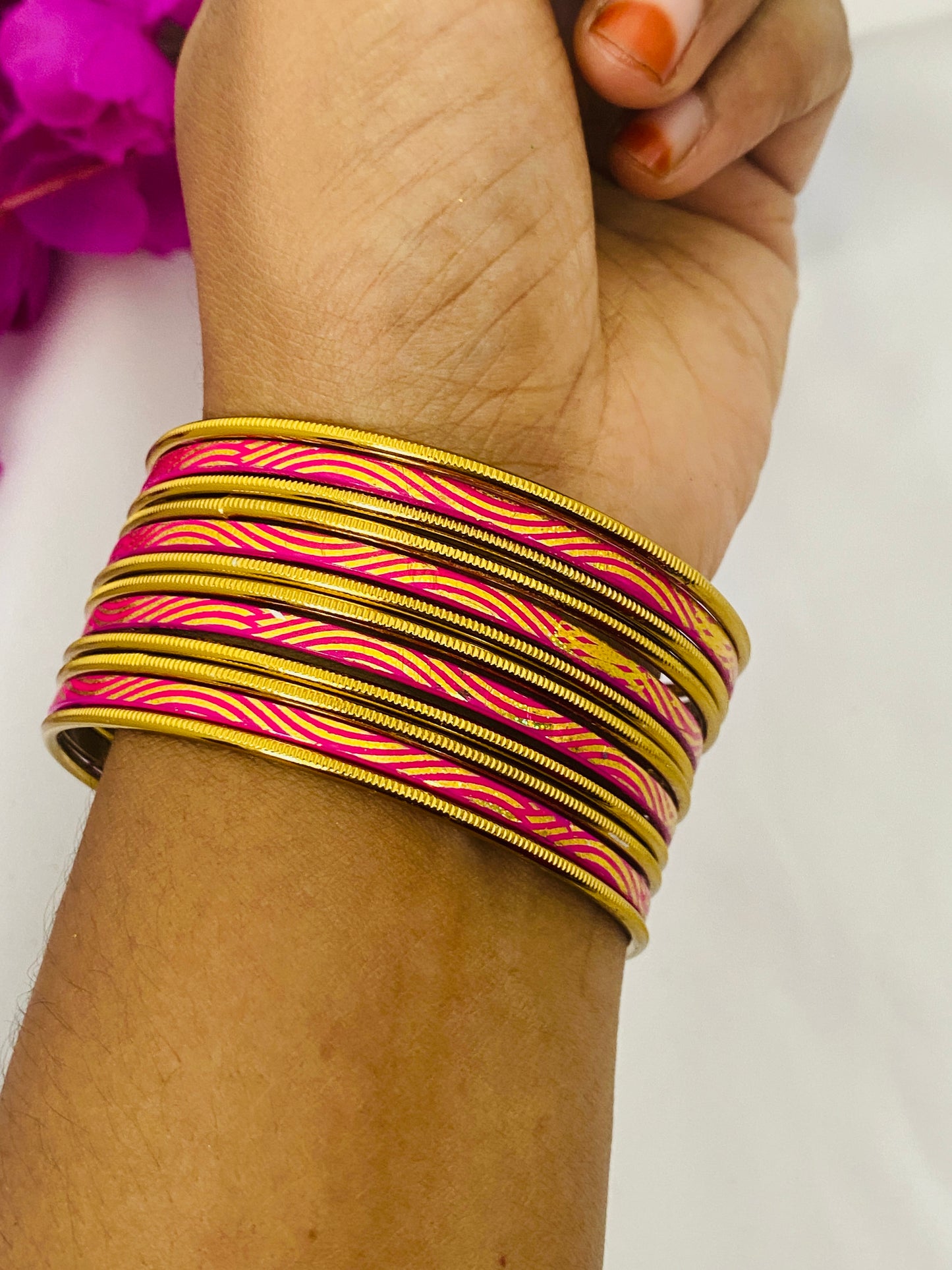 Glossy And Shinning Pink Color Gold Plated Bangles Set For Women Near Me