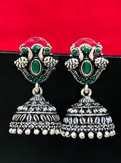 Elegant Oxidizes Green Color Peacock Design Jhumka Earrings For Women