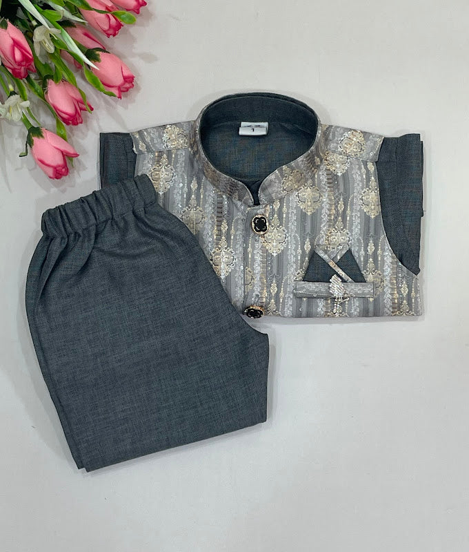Gray Color Cotton Sherwani Suits With Brooch Pin Near Me