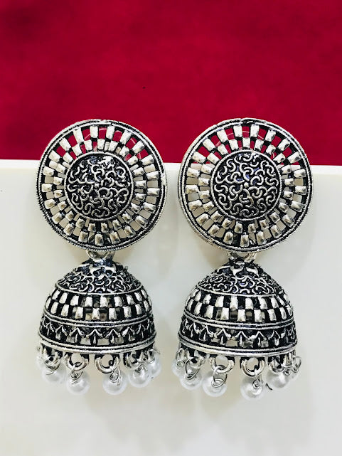 Pretty Oxidizes White Color Drop Design Jhumka Earrings For Women