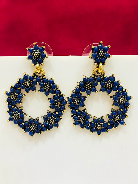 Stunning Gold Plated Dark Blue Color Flower Design Work Earrings For Women