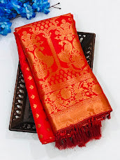 Adorable Red Colored Soft Silk With Rich Pallu