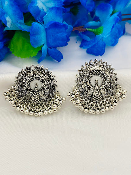 Stunning Peacock Design Silver Oxidized Earrings With Beads Hangings 