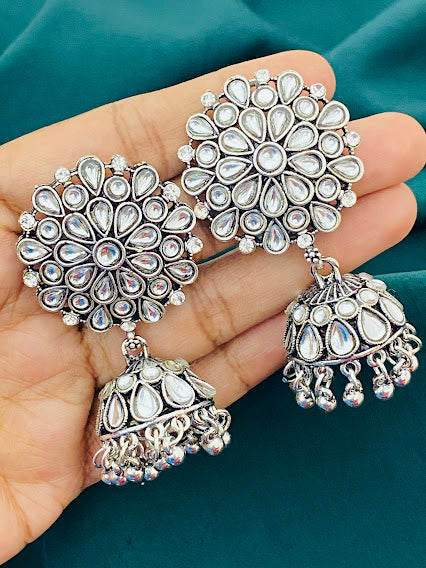 Beautiful Floral Designed Stone Beaded Silver Toned Oxidized Large Jhumka Earrings