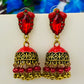 Attractive Red Color Stone Jhumkha Earrings With Beads Hangings