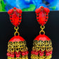 Attractive Red Color Stone Jhumkha Earrings With Beads Hangings In USA