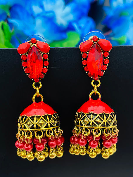 Attractive Red Color Stone Jhumkha Earrings With Beads Hangings In USA